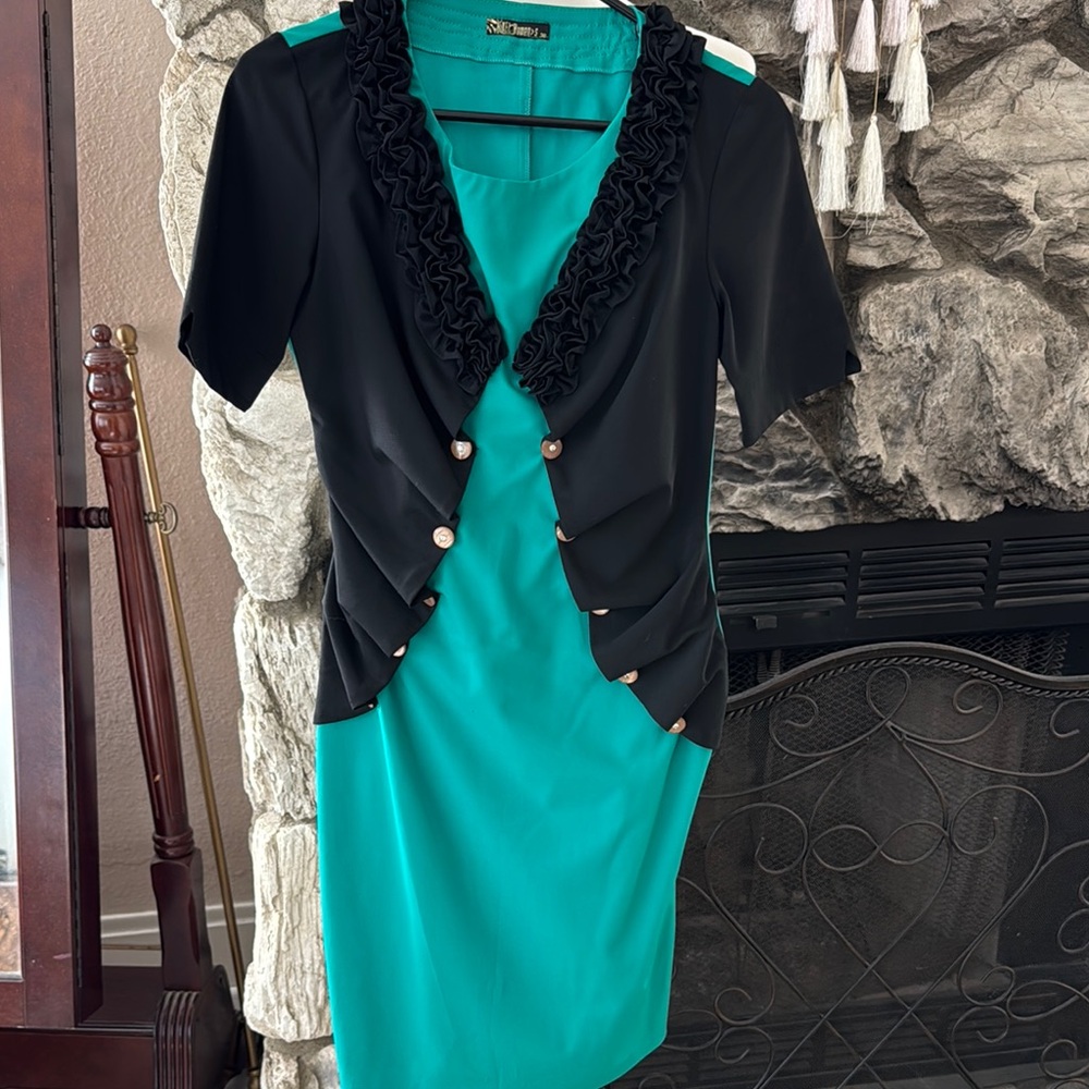 Chic Black and Teal Dress with Ruffle Detail